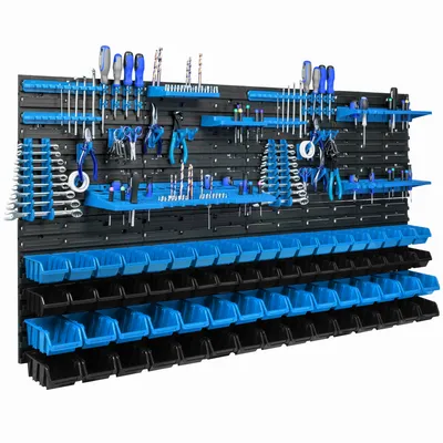 A wall-mounted tool organizer with various tools and storage bins.