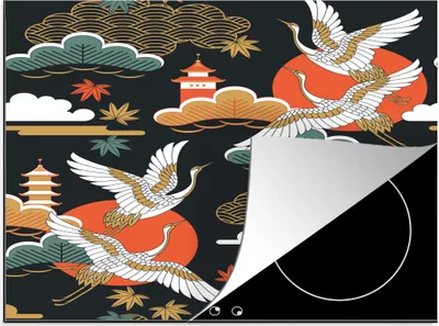 Produktbild von KitchenYeah© Herdabdeckplatte Kranich - Wolken - Japan - Muster , 57x51cm, Küche Deko, Glaskeramikkochfeld Herdabdeckung, Abdeckplatte fùr Kochfeld