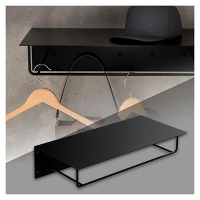 Produktbild von Wandgarderobe mit Hakenleiste, Kleiderstange und Hutablage, 60x30x15 cm, Schwarz, Metall, Flurgarderobe für Jacken und Mäntel, Wandmontage, Garderobenpaneel für Eingang und Flur