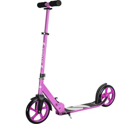 A pink scooter with black handles and wheels, shown against a white background.