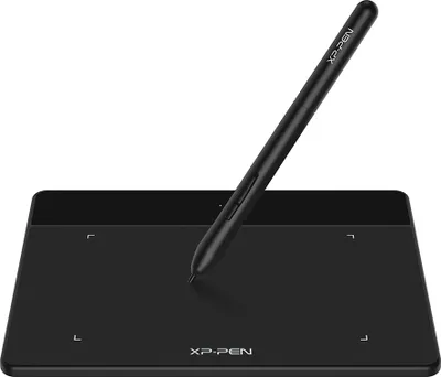 A black graphics tablet with a stylus on a white background.