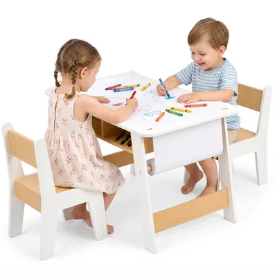 Produktbild von Kindertisch und Stuhlset mit Papierrollenhalter, Kinder Maltisch, Kindertisch mit 2 Stühlen, 80*48*50.5cm, Weiß&Hellholz