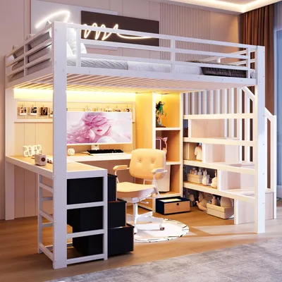Productafbeelding van Stapelbed 140 x 200 cm van metaal met LED-lichtbalk, bureau, 4 laden, opbergvak, hangrooster, trap met opbergruimte, wit