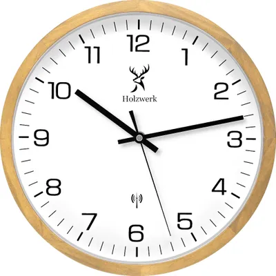 Produktbild von Holzwerk ARNSBURG (FUNK) moderne 30 cm Holz Funk Wanduhr mit Zahlen, beige weiß