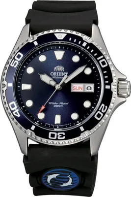 Produktbild von Orient Herrenuhr Ray II Automatik FAA02008D9, Edelstahlgehäuse silber, schwarzes Silikonarmband, blaues Zifferblatt, 42mm Durchmesser, 12mm Höhe, 22mm Armbandbreite, Wochentagsanzeige, Datumsanzeige, drehbare Lünette, Leuchtzeiger und -ziffern, verschraubte Krone und Boden, 20 ATM wasserdicht, Mineralglas, Dornschließe, sportlich-klassisch