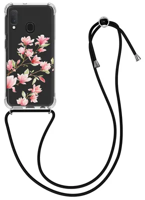Image de kwmobile Necklace Case compatible avec la coque Samsung Galaxy A20e - Housse en silicone avec chaîne pour portable - Rose Blanc Transparent Magnolia