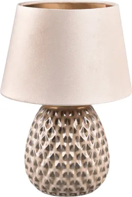 A close-up studio shot of a beige ceramic table lamp with a textured base and a fabric lampshade.