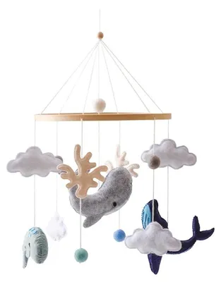 Produktbild von Babybett-Mobile aus Holz – Hängendes Musik- und Rasselspielzeug mit Teddybär, Wolke oder Holz-Glocke - Wal