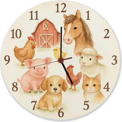 Produktbild von Bauernhoftiere Aquarellstil Wanduhr aus Alu für Kinderzimmer