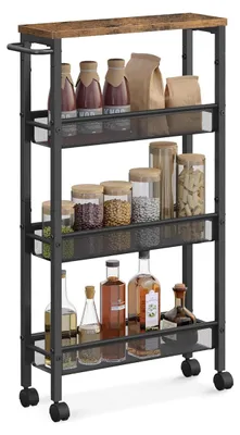 Produktbild von Nischenwagen, H x B x T: 77 x 13 x 45 cm, schmales Nischenregal für Bad und Küche, 4 Ablagen, Metallrollenregal, braun/schwarz
