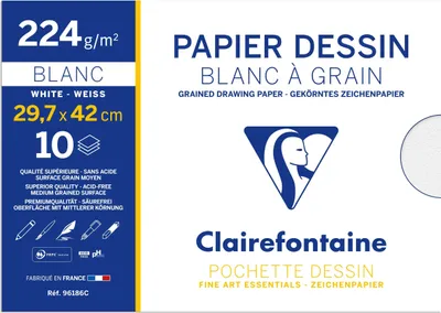 Produktbild von Clairefontaine 10x Gekörntes Zeichenpapier, Packung 10 Bl A3, 224g, weiß 96186C