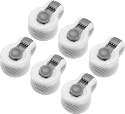 A group of six white and gray clips against a white background.
