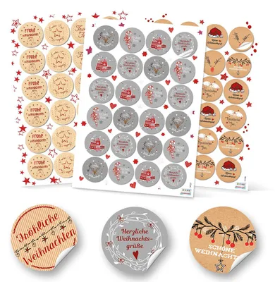 Produktbild von SET 3 x 24 Weihnachtsaufkleber Geschenkaufkleber weihnachtlich Sticker rund 4 cm grau weiß rot natur schwarz Verpackung Weihnachtsgeschenke Geschenkverpackung Weihnachten