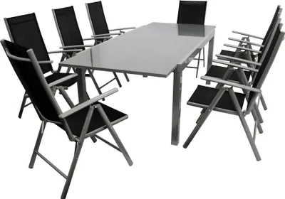 A patio dining set with a table and chairs, displayed on a white background.