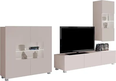 Produktbild von Moderne Wohnwand Calabrini VII mit Kommode, Anbauwand, Mediawand, TV Lowboard, Hängevitrine, Wohnzimmerschrank, Fernsehschrank (mit weißer LED Beleuchtung, Cashmere)