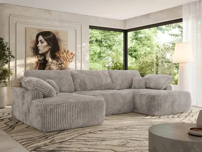 Produktbild von MKS MEBLE U-förmige Eckcouch, Wellenfeder, Ecksofa mit Schlaffunktion, Bettkasten und lose Kissen, 370x187x100cm - CUBO U - Grau Cord