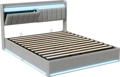 Produktbild von UnboxG Graues Samt-Doppelbett 140x190 cm mit Stauraum, LED-RGB-Beleuchtung & USB-C Ladefunktion – Polsterbett mit Kopfteilregal und integriertem USB-Anschluss
