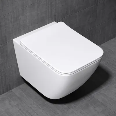 A white wall-mounted toilet is shown against a dark gray tiled wall and floor.