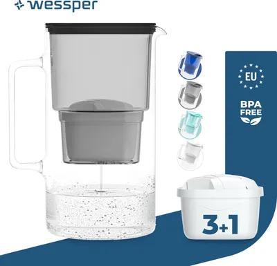 A water filter pitcher with multiple colored filter cartridges displayed next to it, along with branding and product feature text.
