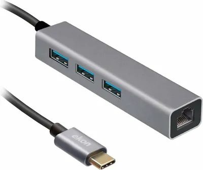Zdjęcie produktu dla Ekon ECITHUBLAN3USBIN, USB 2.0 Type-C, RJ-45, USB 3.2 Gen 1 (3.1 Gen 1) Type-A, USB Type-C, 5000 Mbit/s, Szary, Aluminium, Kabel okrągły