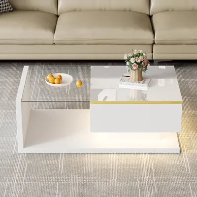 Produktbild von okwish Moderner Couchtisch Sofatisch mit Hochglanz und Glasdesktop Design,90cm Beistelltische mit 16 Farben LED-Beleuchtung,reichlich Platz,Weiß