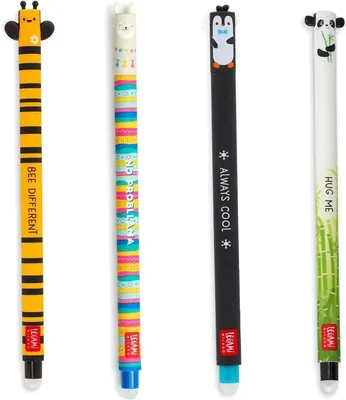 Productafbeelding van Gel-Radeerstiften - Set van 4 - Pennen met uitwisbare inkt - Bij - Lama - Panda en pinguïn - 0,7 mm punt