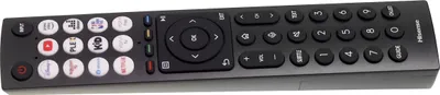 A black Hisense remote control is shown from a slightly elevated angle against a white background.