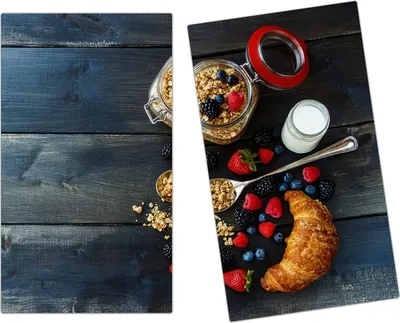 Produktbild von Spritzschutz Herdabdeckplatte Schneidebrett aus Glas Croissant und Joghurt  2-Teilig (60x52cm)
