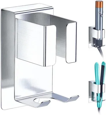 Image de Support mural Unyqoos® pour lisseurs et sèche-cheveux – en métal, adhésif et sans perçage, support mural gain de place pour salle de bain, salon de coiffure et chambre