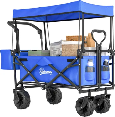 Obrázek produktu pro Ruční vozík – skládací plážový vozík – se sluneční stříškou – teleskopická rukojeť – nosnost 68 kg – 117 × 55 × 98 cm – pláž a kempování – modrý