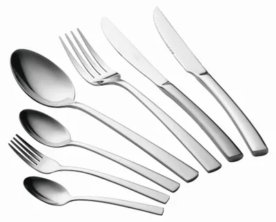 A collection of silverware arranged diagonally on a white background.