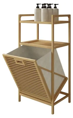 Produktbild von MIRJAN24 Wäscheregal Anelko, Stilvoll Wäscheschrank, Badezimmerschränk, Bambus Badregal (Farbe: Helles Holz)