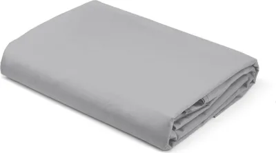A neatly folded light gray satin fitted sheet is shown on a white background.