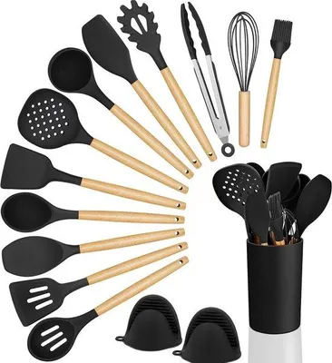 Immagine prodotto di Set da 15 pezzi di utensili da cucina neri con manico in legno - utensili da cucina in silicone - rivestimento antiaderente - resistenti al calore - facili da pulire