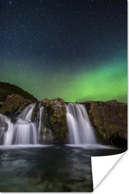 Produktbild von MuchoWow® Poster Nordlicht - Wasserfall - Island - Natur 80x120 cm - Papierdruck