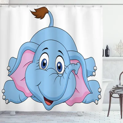 Obrázok produktu pre ABAKUHAUS Karikatúra Sprchový záves, roztomilá postavička sloníča Detská izba pre deti Dievčatá Chlapci Komiksový potlač, 175 x 200 cm, modrá a ružová
