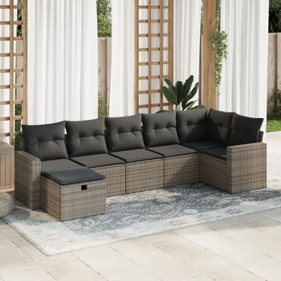 Produktbild von Eleganten-Stil 7-tlg. Garten-Lounge-Set mit Kissen Garten-Sofagarnitur, Outdoor Indoor, Grau Poly Rattan Gartenmöbel-Sets CHY30655365
