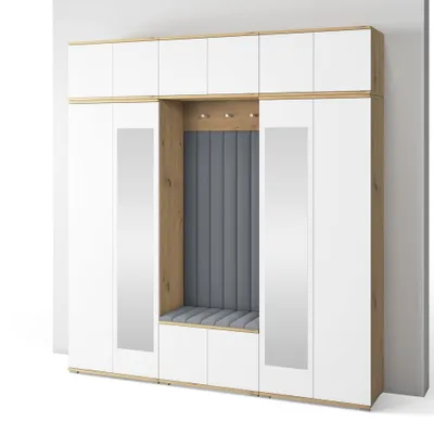 Produktbild von Garderoben-Set Aura Version 10: Kleiderschrank mit Polsterpaneelen, Schuhschrank Flur und Eingangsbereich (weiß/Artisan-Eiche /Trinity 14)