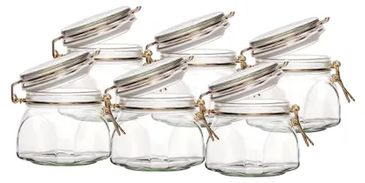 Produktbild von Set aus 6 Stück 630 ml Einmachgläser Drahtbügelglas mit goldenen Bügelverschlüssen, hergestellt in Deutschland