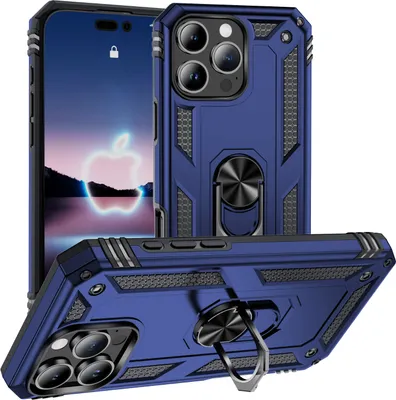 Produktbild von Schutzhülle für iPhone 16 Pro Max Dual Layer Robust Militäre Fallschutz Hülle mit Ringhalterung Ständer Blau
