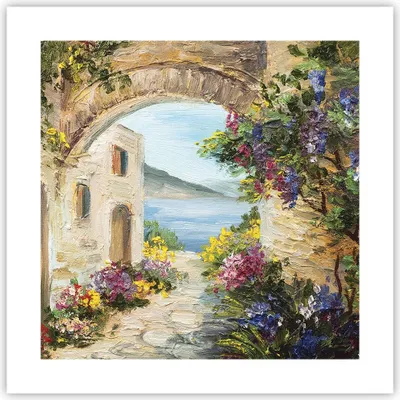 Produktbild von Poster - Poster ohne Rahmen - Haus Santorini Blumen - 40x40 cm - Wand Bild - Wanddeko - Wandbilder - Kunstposter - Wandposter - Bilder - Kunstdruck - Wanddekoration - Wandbild - P2XAC40x40-4191