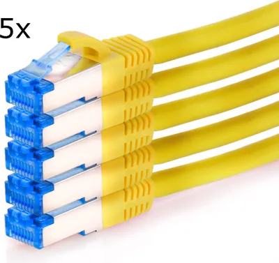 Produktbild von TPFNet 5er Pack 7,5m Cat.6A Patchkabel / Netzwerkkabel S/FTP 10GBit, gelb