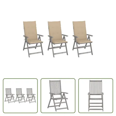 Image de The Living Store : lot de 3 chaises de jardin réglables avec coussins, en bois massif d'acacia