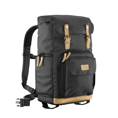 Produktbild von Mantona Luis Retro Fotorucksack schwarz mit Leder, Kamerarucksack inkl. Regenschutzhülle, Fototasche mit Laptopfach, Backpack geeignet für 1 x DSLR-Kamera, 3 x Objektive und diverses Fotozubehör
