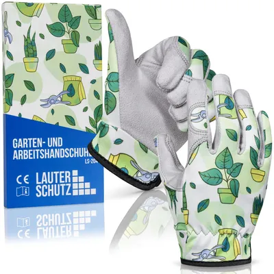 Immagine prodotto di LAUTER SCHUTZ® per bambini: Guanti da lavoro di alta qualità (realizzati in poliestere elasticizzato e ecopelle) con ecopelle antiscivolo, ideali per giardinaggio e altro (taglia L, motivo floreale)