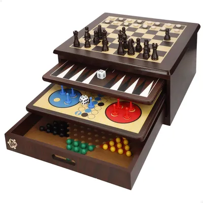 Produktbild von Set von 10 Brettspielen mit Holzaufbewahrungstasche