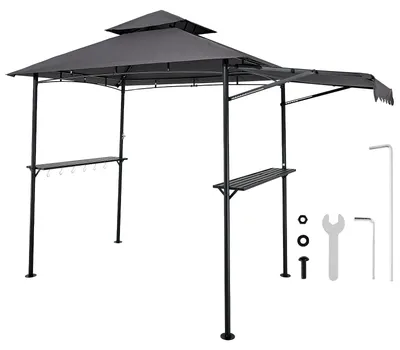 Produktbild von SucceBuy Grillpavillon, 2430x1500x500mm, Überdachung für Außengrill, 2-stufige BBQ-Gazebo-Abdeckung, Doppeldach Gartenpavillon mit zusätzlicher Markise, geeignet für Terrasse, Hof und Garten