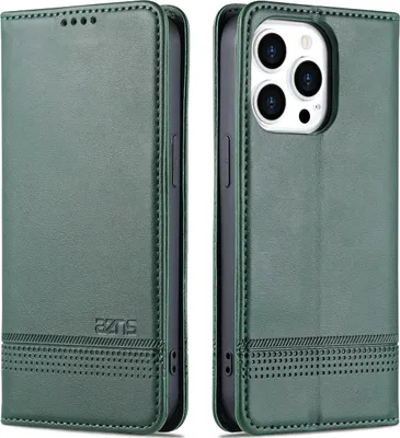 Immagine prodotto di Custodia per iPhone 14 Pro, portafoglio con chiusura magnetica e supporto, custodia flip in pelle verde