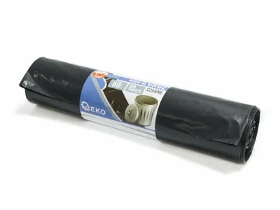 A roll of black garbage bags on a white background.