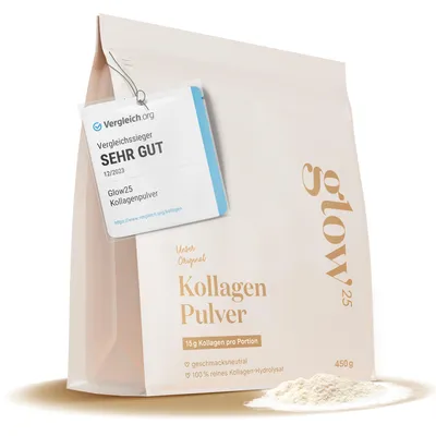 Produktbild von Glow25® Collagen Pulver [450g] - Das Original - Bioaktives Kollagen Hydrolysat - Peptide Typ 1 und 3 - Perfekte Löslichkeit - Natur